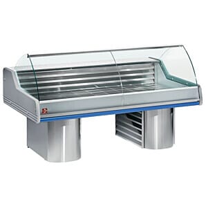 Diamond SG25B/B1-R2 Blue Trimmed Fresh Meat & Fish Refrigerated counter with Curved Glass, 2500mm