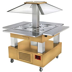 Diamond CBM/4D-D1_KM Light Wood Warming Island Bain Marie Buffet Bar with Motorised Roof, 4 x 1/1 GN