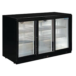 Front view of the Polar GL006 G-Series Sliding Triple Door Back Bar Cooler, 330 Litres