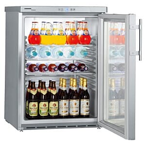 Front view of the Liebherr FKUv 1663 Glass Door Undercounter Fridge, 141 Litres with display drinks

