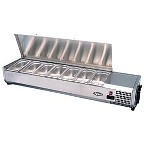 Front view of the Atosa VRX1400/380S Countertop Topping Unit 6 x 1/3GN, 1415mm with open top