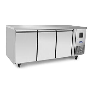 Front view of the Atosa EPF3432HD 3 Door Heavy Duty Counter Fridge, 334 Litres