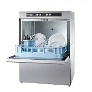 Front view of the Hobart Ecomax F504W-20B 500mm Basket Undercounter Commercial Dishwasher, 18 Plates