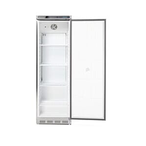 Front view of the Polar CD082 Light Duty Stainless Steel Single Door Fridge, 400 Litres with open door