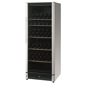 Front view of the Vestfrost FZ295W-SILVER Multi-Zone Wine Cooler, 338 Litres with display bottles
