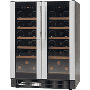 Front view of the Vestfrost W38 Undercounter Dual-Zone Wine Cooler, 38 x 0.75 Litres Bottles with display bottles