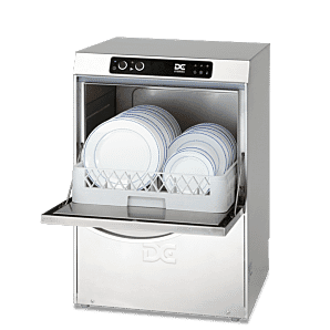 Front view of the DC SD45 Standard Range 450mm Basket Dishwasher, 14 Plates with display plates