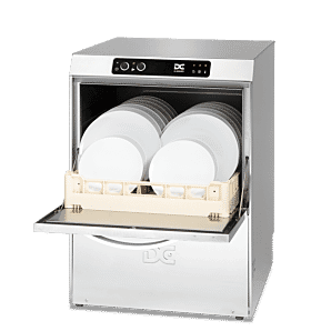 Tilted Front view of the DC SD50 Standard Range 500mm Basket Commercial Dishwasher Rack with cleaned dishes