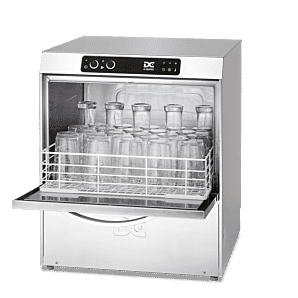 Front view of the DC SG50 Standard Range 500mm Basket Frontloading Glasswasher, 30 Pint Capacity with display glasses