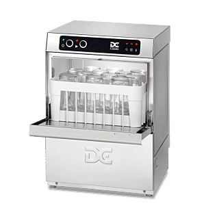 Front view of the DC EG35D Economy Range 350mm Basket Glasswasher with Drain Pump, 12 Pint Capacity
with display glasses