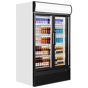 Front view of the Tefcold FSC1200HP White Glass Double Door Merchandiser, 970 Litres with display bottles