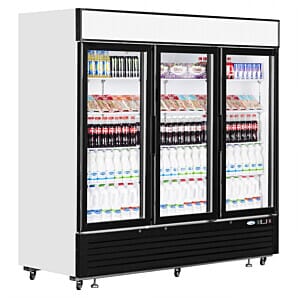 Front view of the Interlevin LGC7500 Triple Door Display Fridge, 2050 Litres with display drinks