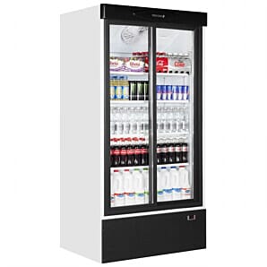 Front view of the Tefcold FS1002S Glass Double Door Merchandiser, 730 Litres with drinks
