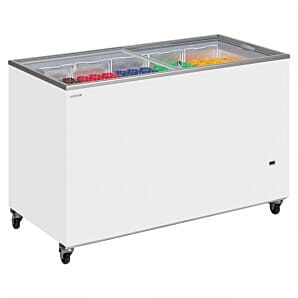 Front view of the Tefcold IC400SC Sliding Flat Glass Lid Chest Freezer 