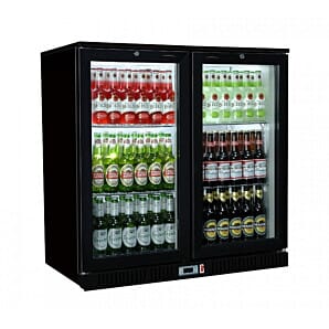 Front view of the Coolpoint HX201 Double Hinged Glass Double Door Black Bottle Cooler, 192 Litres