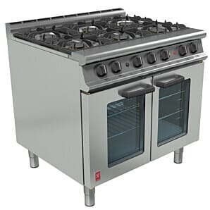 Front view of the Falcon G3101 OTC Dominator 6 Burner Open Top Range Dual Fuel Oven