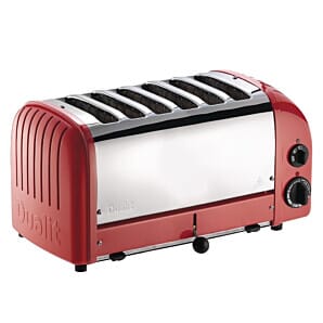 Front view of the Dualit 60154 Red 6 Slice Vario Slot Toaster, 3kW
