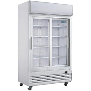 Front view of the Polar GE581 G-Series Upright Sliding Double Door Display Cooler, 950 Litres
