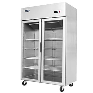 Front view of the Atosa YCF9402GR Slimline Glass Double Door Upright Fridge, 900 Litres
