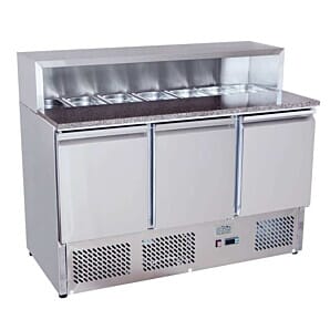Front view of the Ice-A-Cool ICE3858GR 3 Door Refrigerated Marble-Top Saladette Prep Counter, 380 Litres