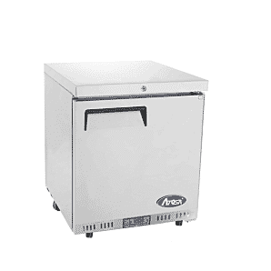 Front view of the Atosa MBC24F Stainless Steel Undercounter Freezer, 145 Litres