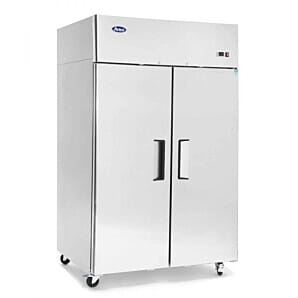 Front view of the Atosa YBF9218GR Slimline Upright Double Door Fridge, 900 Litres
