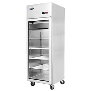 Front view of the Atosa YCF9407GR Slimline Glass Single Door Upright Freezer, 410 Litres
