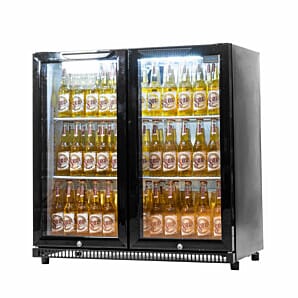 Arctica HEF972 Hinged Double Door Black Low Height Bottle Cooler, 218 x 330ml Cans