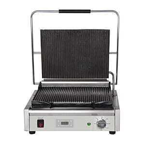 Front view of the Buffalo FC380 Large Ribbed Contact Panini Grill
