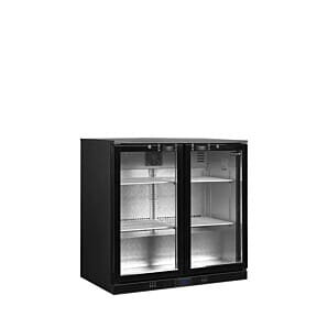 Front view of the Elstar EM231H Black Hinged Double Door Back Bar Display Chiller, 191 Litres