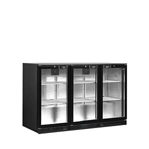 Front view of the Elstar EM331H Black Hinged Triple Door Back Bar Display Chiller, 300 Litres
