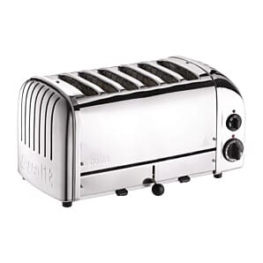 Front view of the Dualit 60144 Stainless Steel 6 Slice Vario Slot Toaster, 3kW
