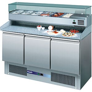 Prodis EC-3PIZZA 3 Door Granite Top Pizza Preparation Counter with 6 x 1/4 GN Topping Unit, 368 Litres