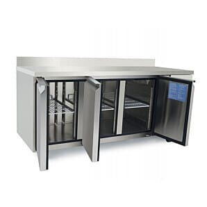 Front view of the Atosa EPF3432HDSB 3 Door Table Fridge with Splash Back, 390 Litres with open doors