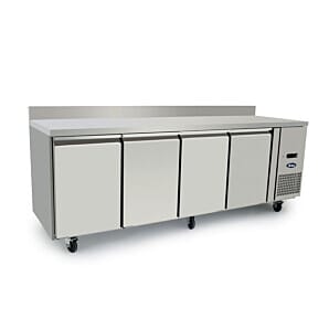 Front view of the Atosa EPF3482HDSB 4 Door Table Freezer with Splash Back, 510 Litres
