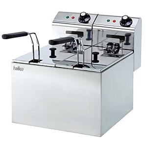 Front view of the Hallco MDF55 Double Basket Double Tank Electric Fryer, 2 x 2.7kW
