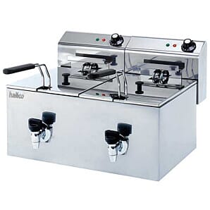Front view of the Hallco MDF88T Double Basket Double Tank Electric Fryer, 2 x 3kW