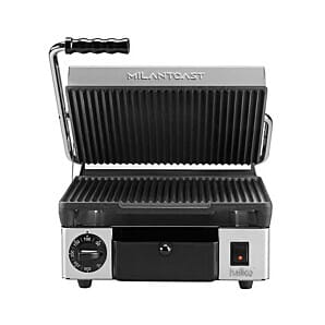 Front view of the Hallco MEMT16000XNS Single Ribbed Contact Panini Grill