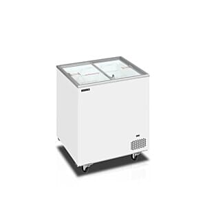 Front view of the Tefcold IC200SC Sliding Flat Glass Lid Chest Freezer, 191 Litres with display food