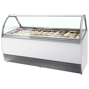 Front view of the ISA MILLENNIUM LX18 Ventilated Scoop Ice Cream Display, 18 x 5 Litre Napoli Pans
