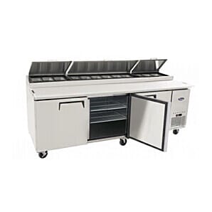 Front view of the Atosa MPF8203GR Refrigerated 3 Door Preparation Table, 804 Litres with open door
