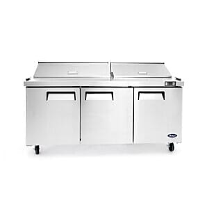 Front view of the Atosa MSF8304GR Heavy Duty 3 Door Preparation Counter, 598 Litres
