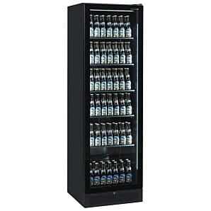 Front view of the Tefcold SCU1425 FRAMELESS Glass Single Door Merchandiser, 387 Litres with display bottles
