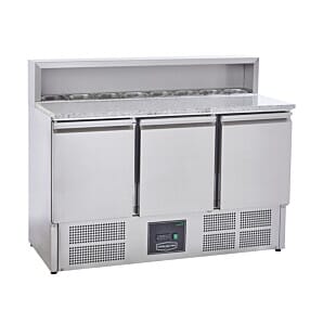 Front view of the Sterling Pro Cobus SPU903PZ 3 Door Pizza Counter Granite Top 8 x GN1/6, 402 Litres