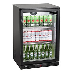 Sterling Pro Green SP1LO-OUT-BK Hinged Single Door Black Low Height Bottle Cooler, 106 x 330ml Bottles