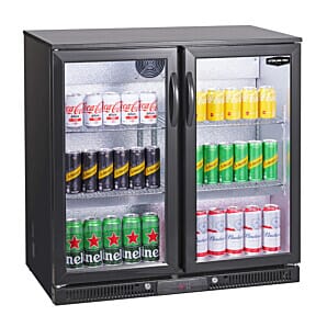 Sterling Pro Green SP2LO-OUT-BK Hinged Double Door Black Low Height Bottle Cooler, 180 x 330ml Bottles