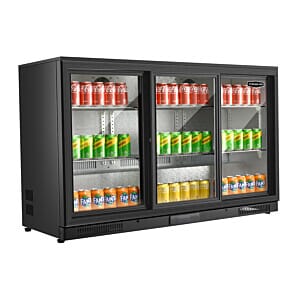 Front view of the Sterling Pro Green SP3HC-BS Sliding Triple Door Bottle Cooler, 274 x 330ml Bottles