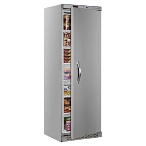 Front view of the Tefcold UF400S Single Door Upright Freezer, 400 Litres with open door showing display foods