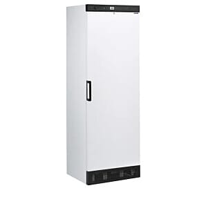 Front view of the Tefcold UF1380P Single Door White Upright Freezer, 300 Litres with display food