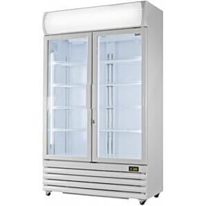 Front view of the Prodis XD701 White Double Door Display Fridge, 700 Litres
